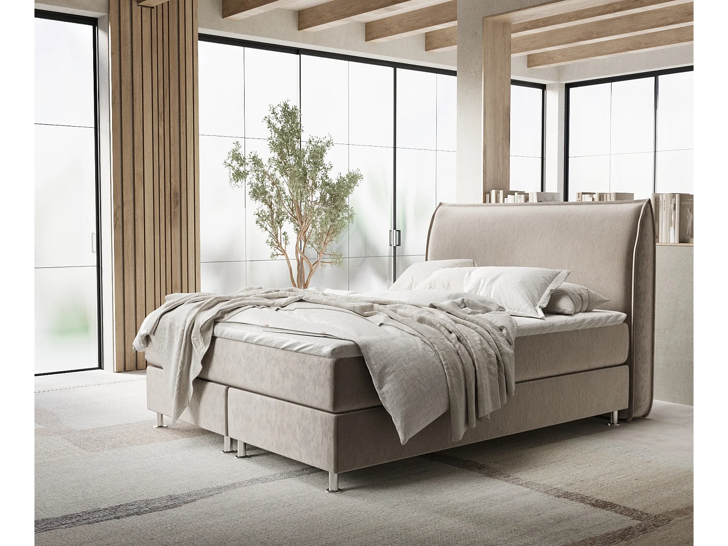 Łóżko boxspring w tkaninie welwetowej Chermin - materac - topper - 200x200 cm - taupe 3991493 - obrazek 1