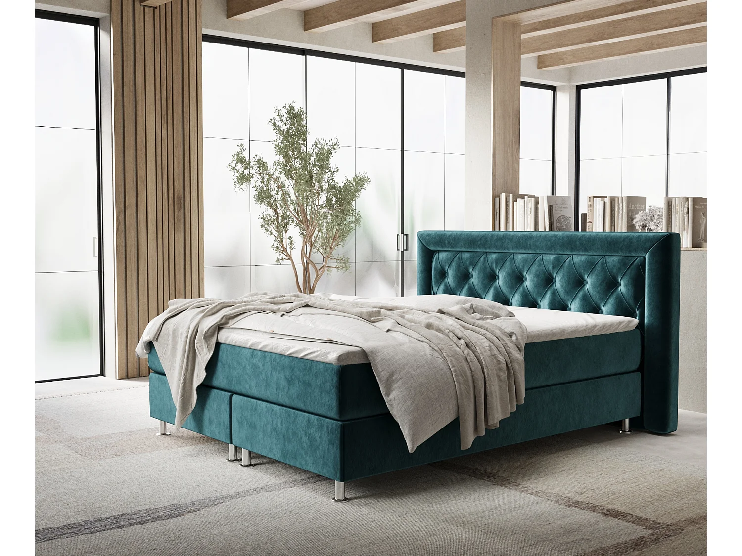 Łóżko boxspring w tkaninie welwetowej Lavello - materac - topper - 180x200 cm - turkusowy 3991499 - obrazek 1
