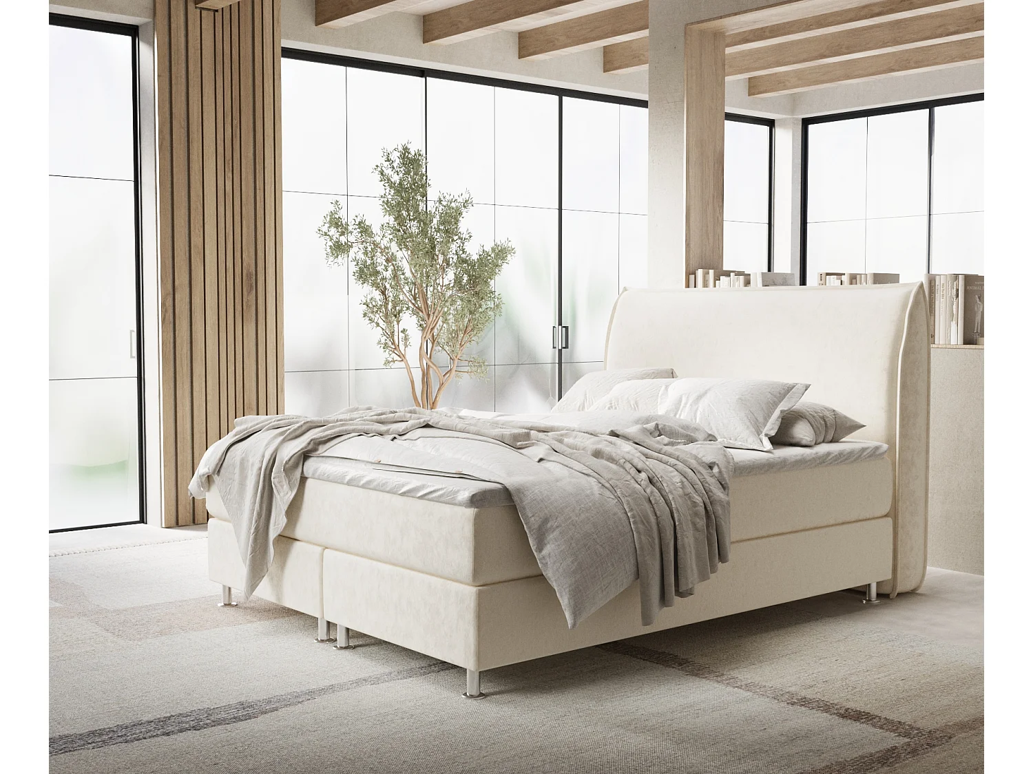 Łóżko boxspring w tkaninie welwetowej Chermin - materac - topper - 200x200 cm - kremowy 3991517 - obrazek 1