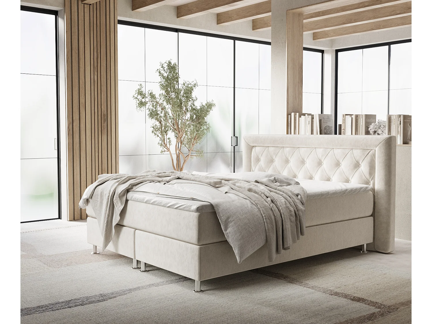 Łóżko boxspring w tkaninie welwetowej Lavello - materac - topper - 160x200 cm - jasnobeżowy 3991530 - obrazek 1