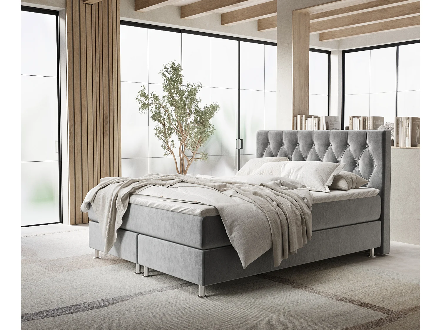 Łóżko boxspring w tkaninie welwetowej Excelsior - materac - topper - 140x200 cm - taupe 3991536 - obrazek 1