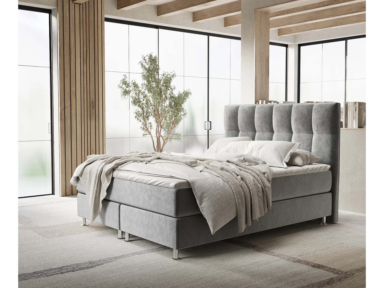 Łóżko boxspring w tkaninie welwetowej Elisio - materac - topper - 200x200 cm - szary 3991541 - obrazek 1