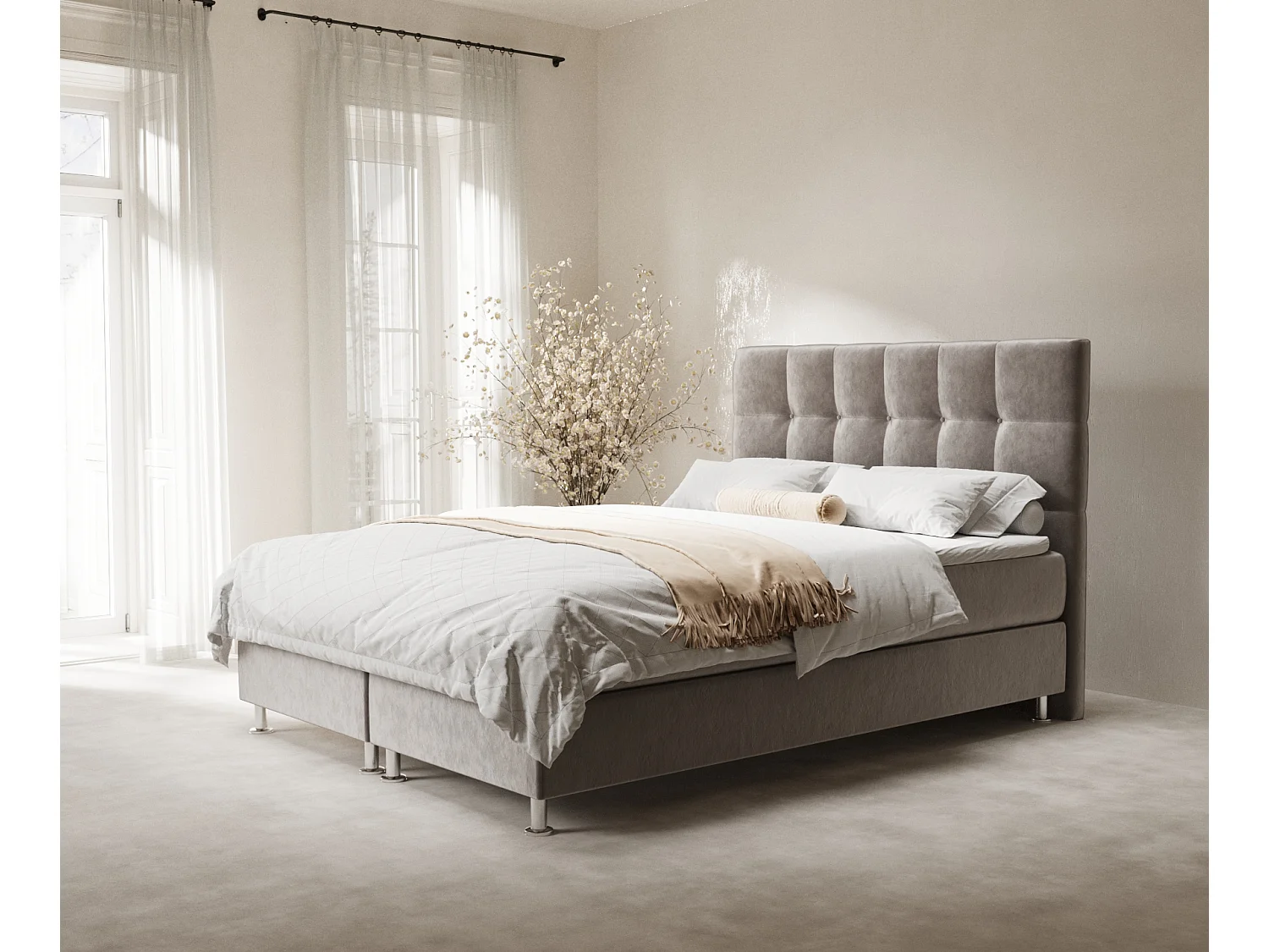 Łóżko boxspring w tkaninie welwetowej Chanton - materac - topper - 160x200 cm - taupe 3991543 - obrazek 1