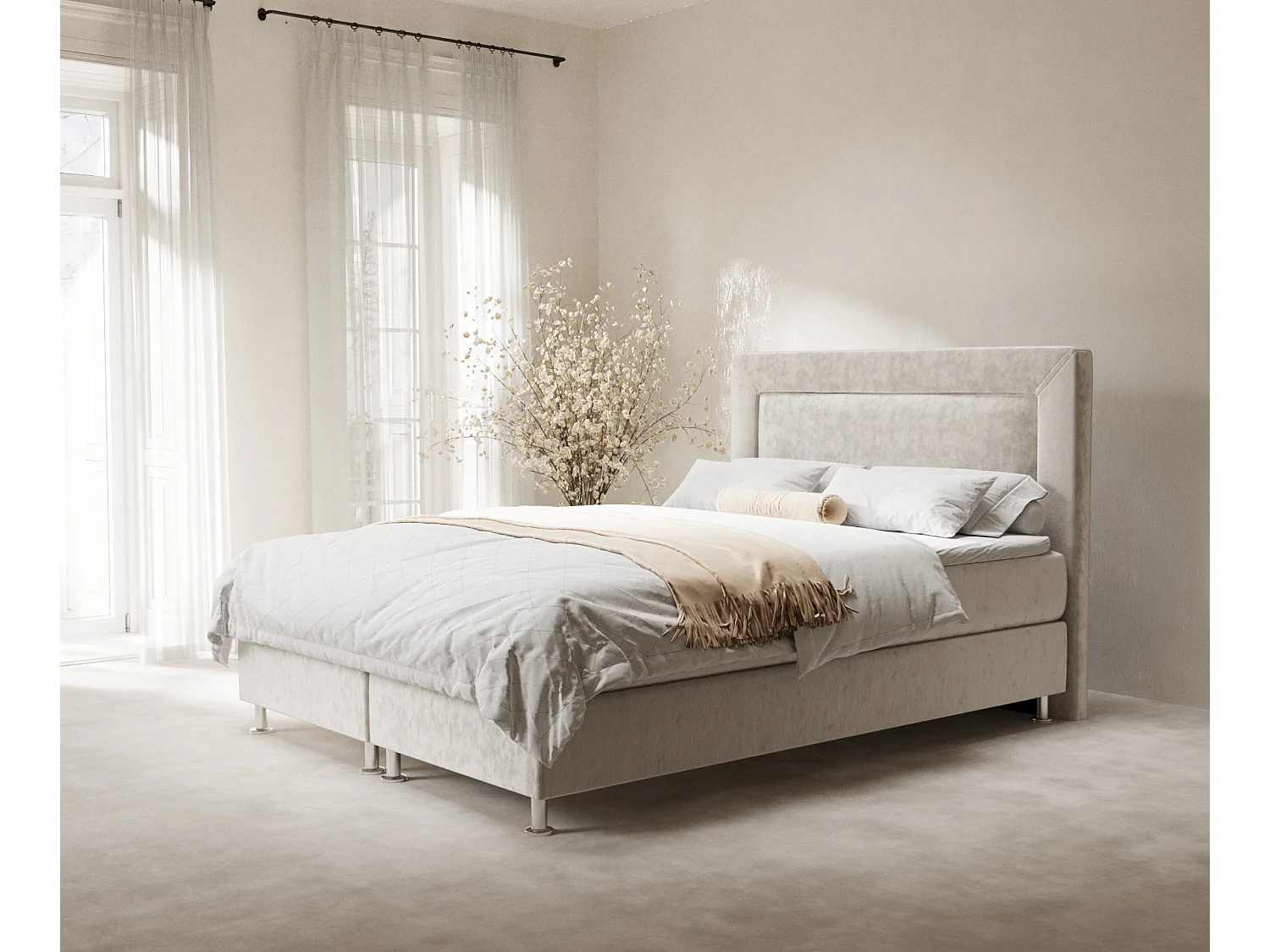 Łóżko boxspring w tkaninie welwetowej Laguno - materac - topper - 180x200 cm - jasnobeżowy 3991568 - obrazek 1