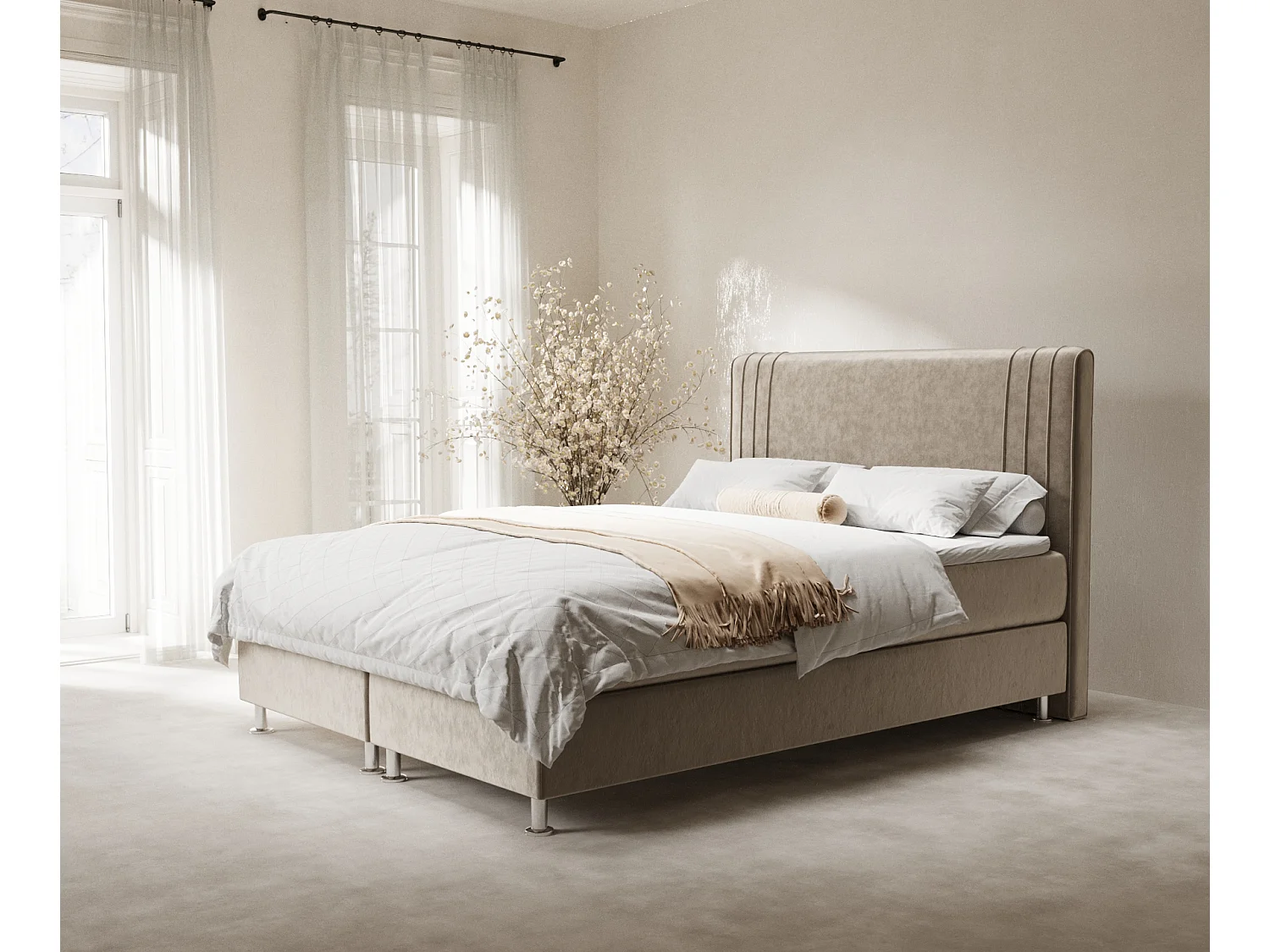 Łóżko boxspring w tkaninie welwetowej Casone - materac - topper - 200x200 cm - beżowy 3991577 - obrazek 1