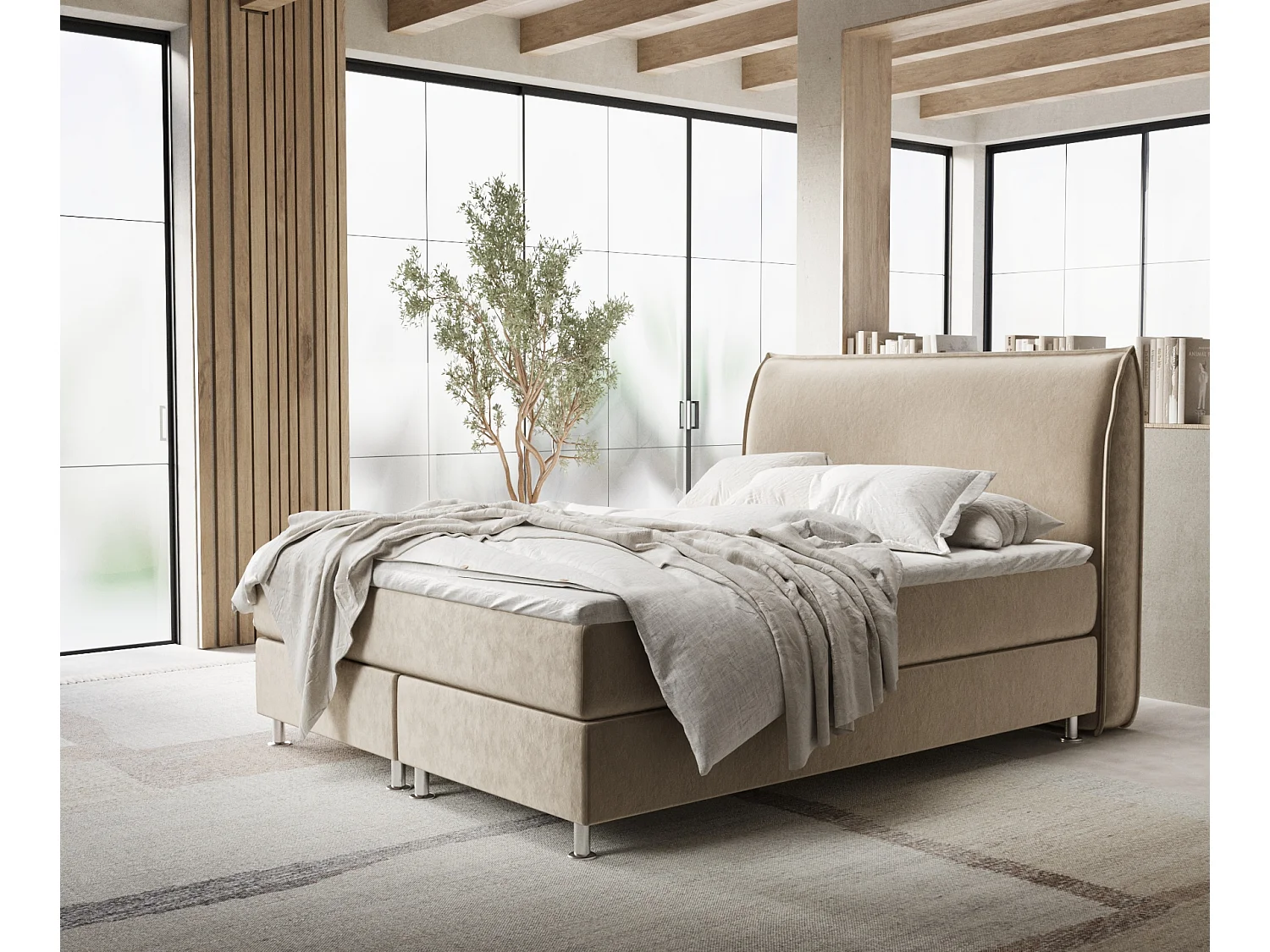 Łóżko boxspring w tkaninie welwetowej Chermin - materac - topper - 200x200 cm - beżowy 3991581 - obrazek 1