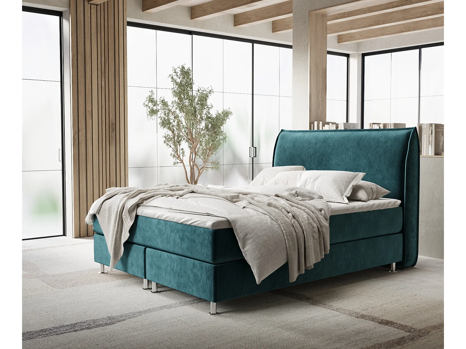 Łóżko boxspring w tkaninie welwetowej Chermin - materac - topper - 160x200 cm - turkusowy 3991580 - obrazek 1