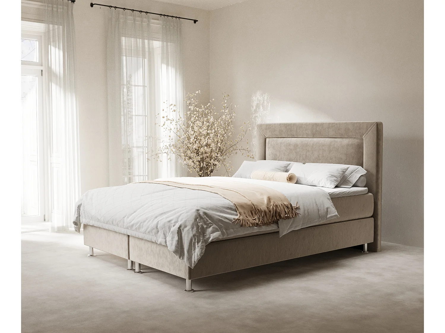 Łóżko boxspring w tkaninie welwetowej Laguno - materac - topper - 200x200 cm - beżowy 3991587 - obrazek 1