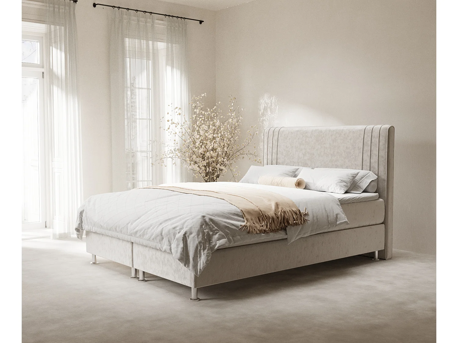 Łóżko boxspring w tkaninie welwetowej Casone - materac - topper - 140x200 cm - jasnobeżowy 3991605 - obrazek 1