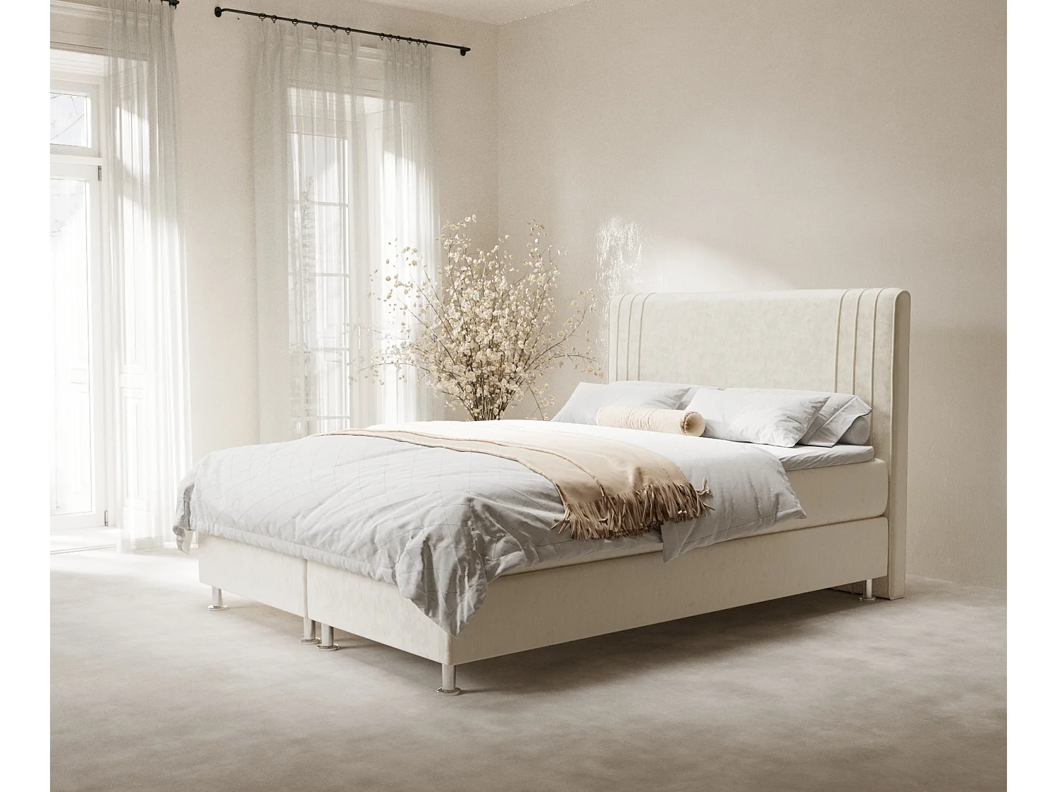 Łóżko boxspring w tkaninie welwetowej Casone - materac - topper - 140x200 cm - kremowy 3991624 - obrazek 1