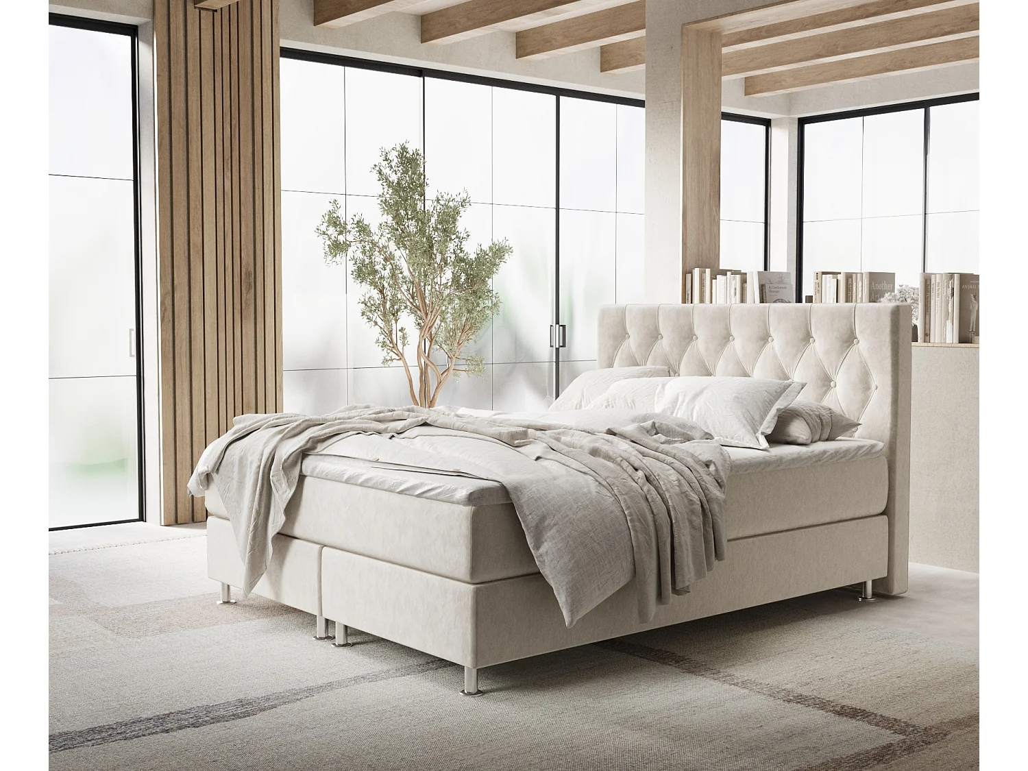 Łóżko boxspring w tkaninie welwetowej Excelsior - materac - topper - 160x200 cm - jasnobeżowy 3991637 - obrazek 1