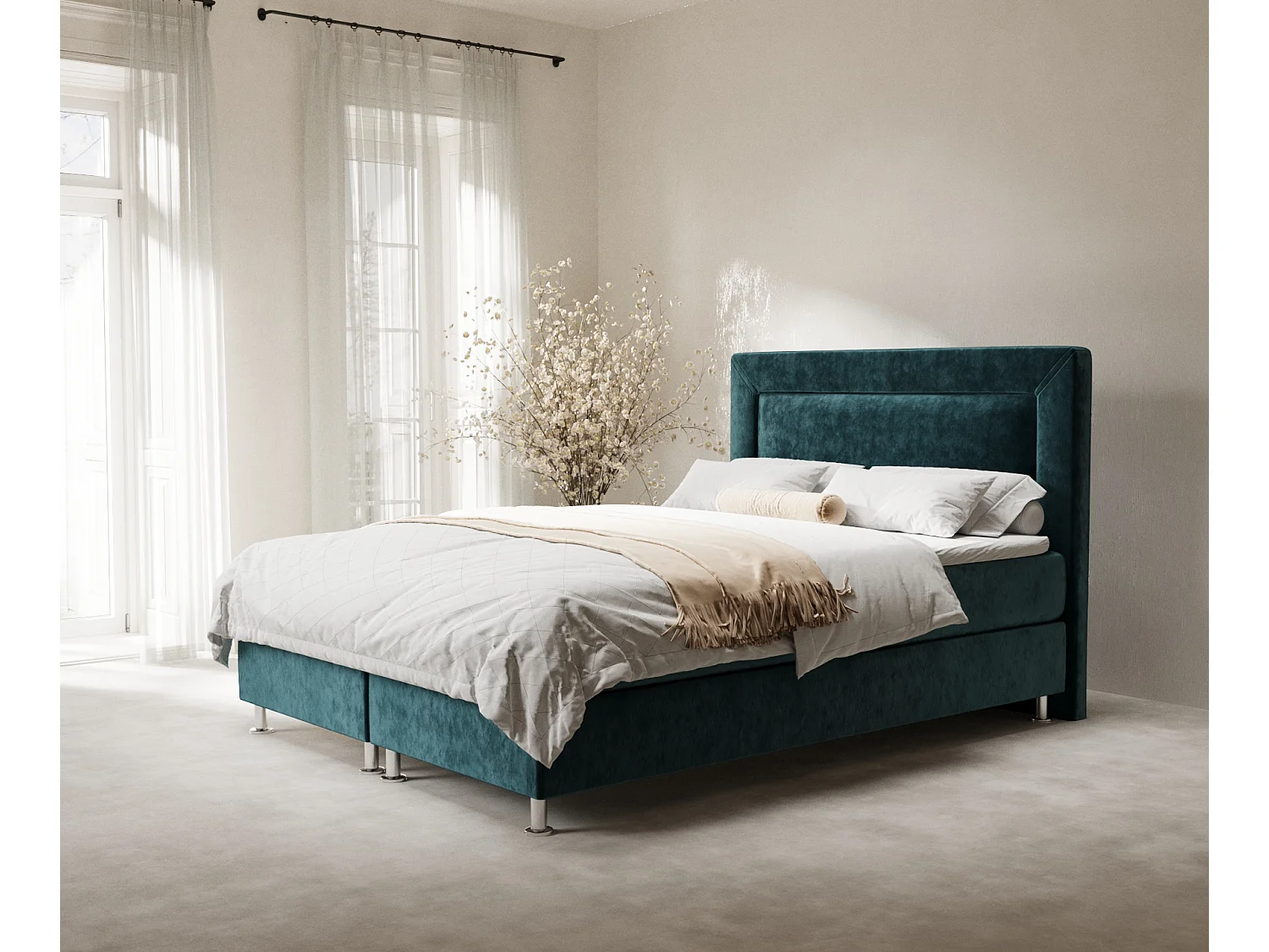 Łóżko boxspring w tkaninie welwetowej Laguno - materac - topper - 140x200 cm - turkusowy 3991643 - obrazek 1