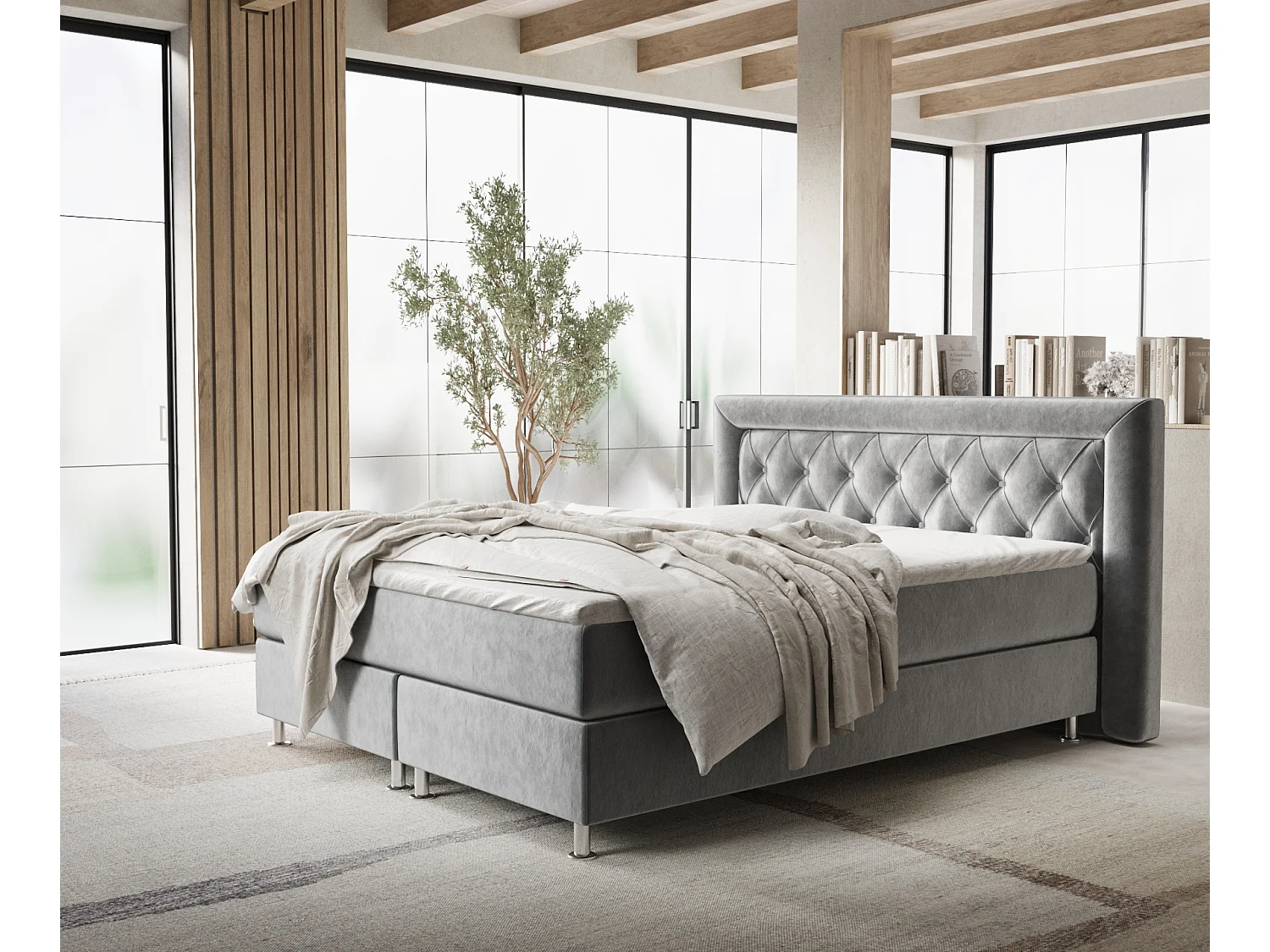 Łóżko boxspring w tkaninie welwetowej Lavello - materac - topper - 160x200 cm - szary 3991653 - obrazek 1