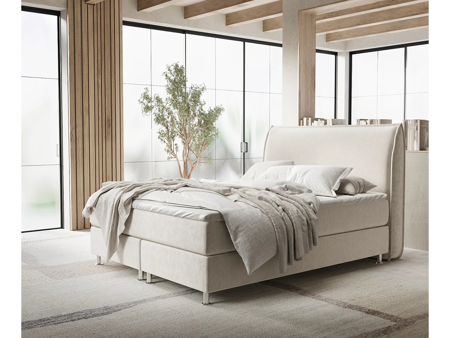 Łóżko boxspring w tkaninie welwetowej Chermin - materac - topper - 140x200 cm - jasnobeżowy 3991655 - obrazek 1