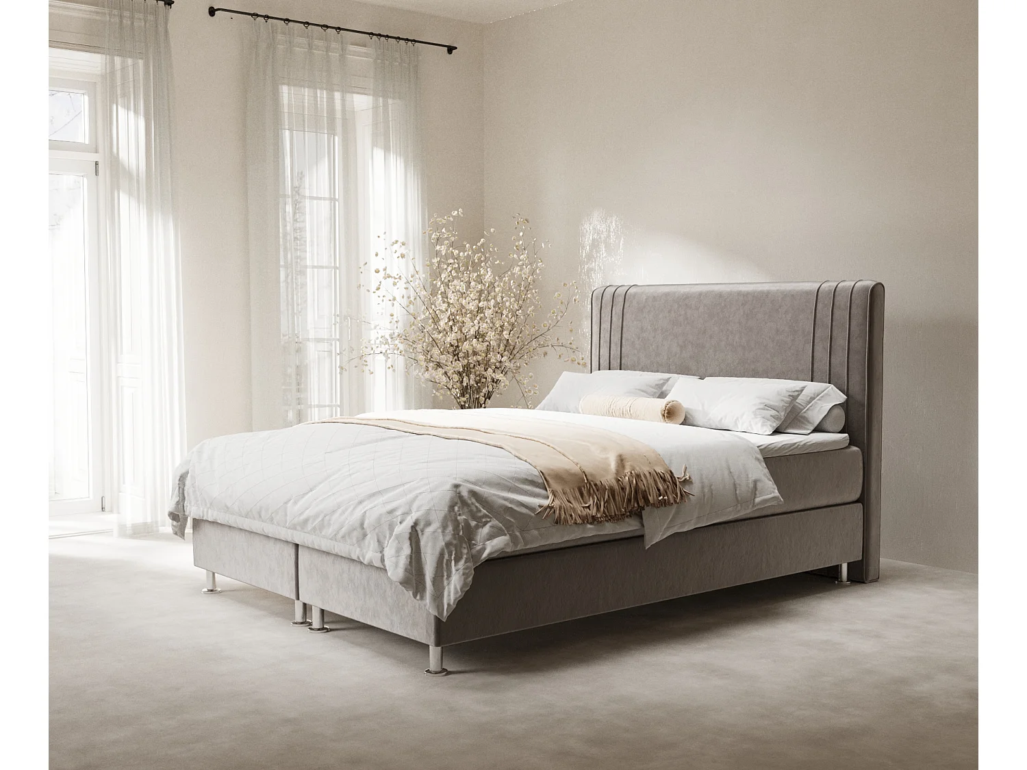 Łóżko boxspring w tkaninie welwetowej Casone - materac - topper - 140x200 cm - taupe 3991659 - obrazek 1