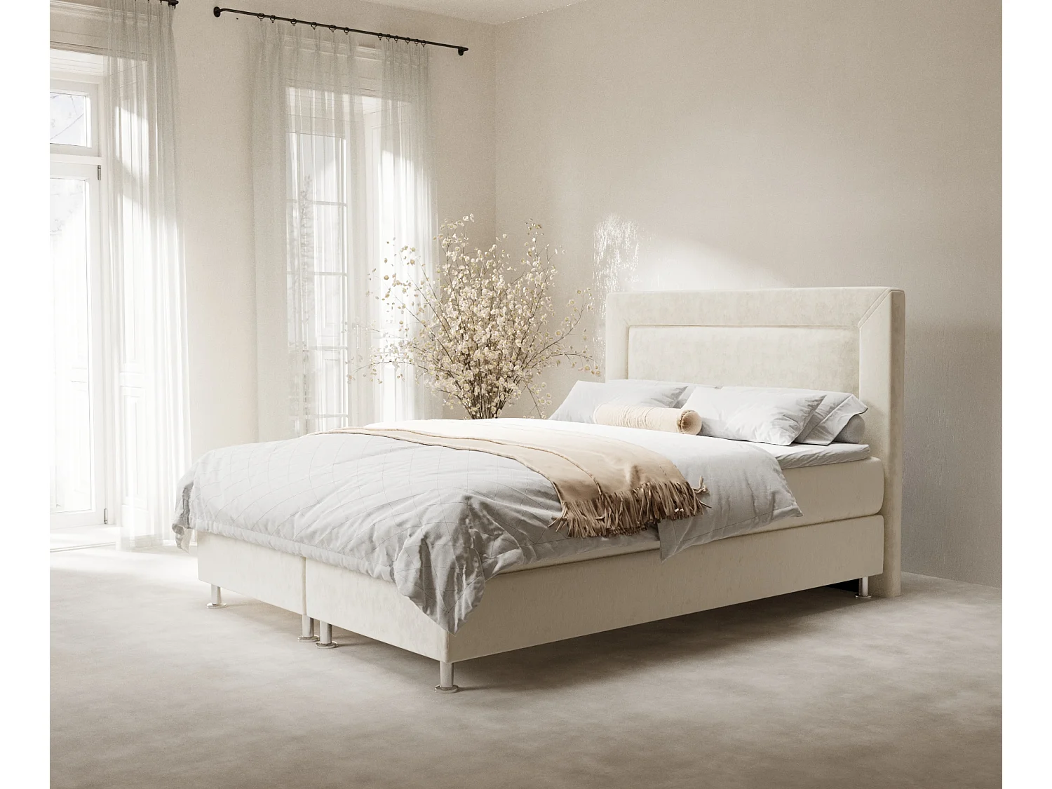 Łóżko boxspring w tkaninie welwetowej Laguno - materac - topper - 180x200 cm - kremowy 3991666 - obrazek 1