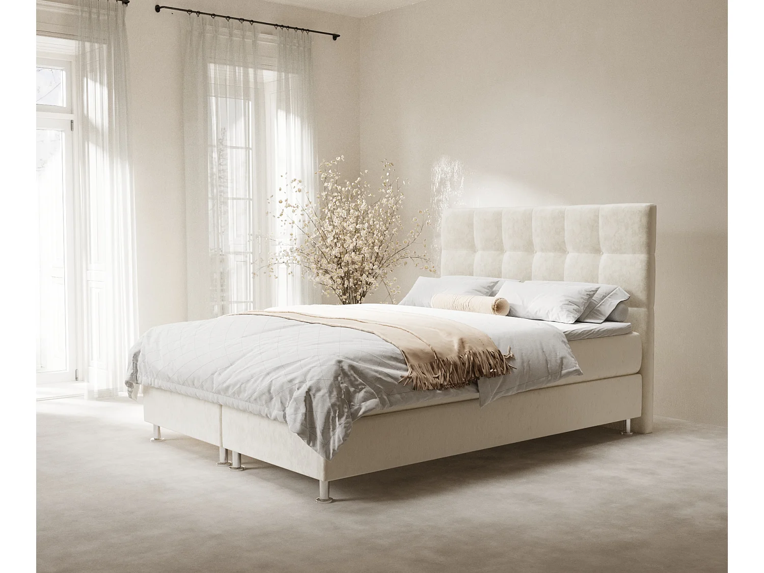 Łóżko boxspring w tkaninie welwetowej Chanton - materac - topper - 200x200 cm - kremowy 3991671 - obrazek 1