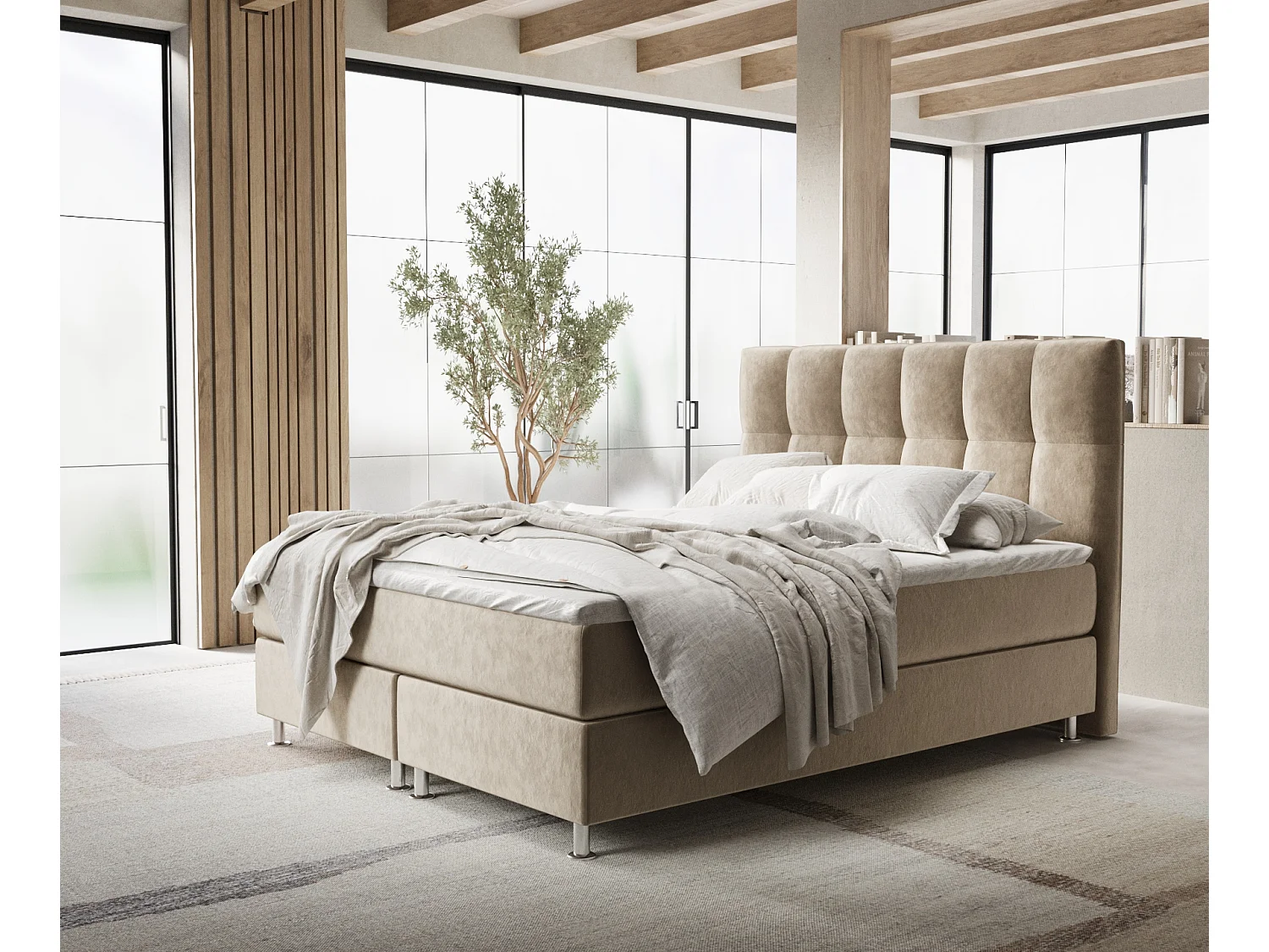 Łóżko boxspring w tkaninie welwetowej Elisio - materac - topper - 160x200 cm - beżowy 3991675 - obrazek 1