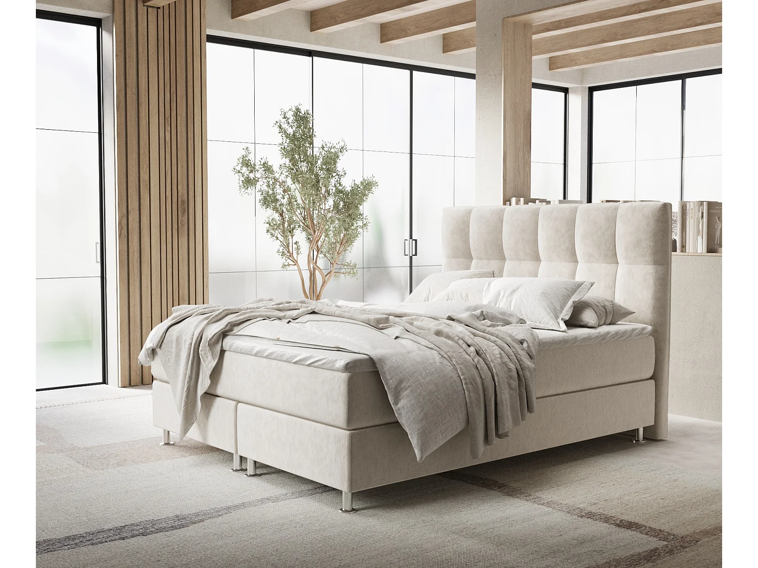 Łóżko boxspring w tkaninie welwetowej Elisio - materac - topper - 200x200 cm - jasnobeżowy 3991677 - obrazek 1