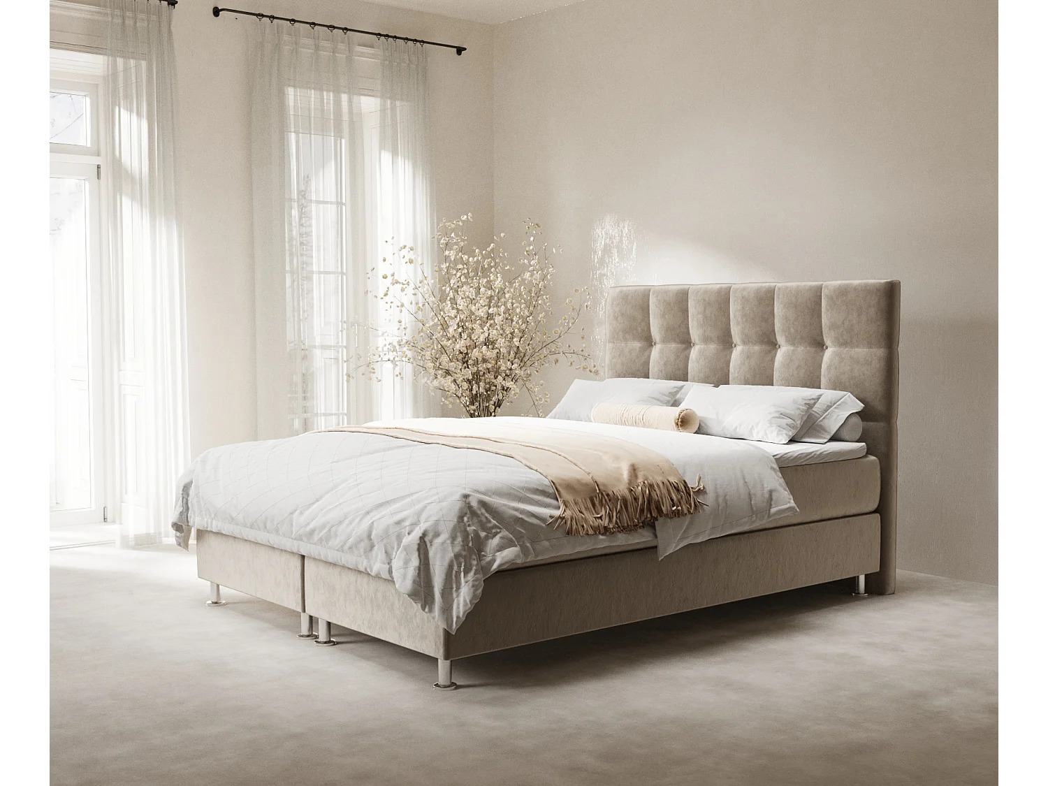 Łóżko boxspring w tkaninie welwetowej Chanton - materac - topper - 200x200 cm - beżowy 3991693 - obrazek 1
