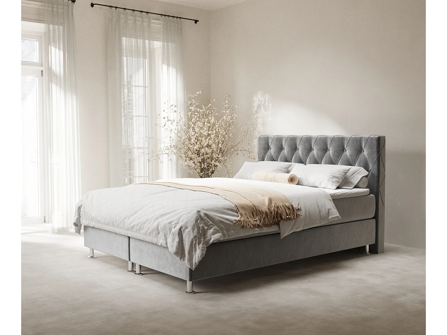 Łóżko boxspring w tkaninie welwetowej Otus - materac - topper - 140x200 cm - taupe 4009252 - obrazek 1