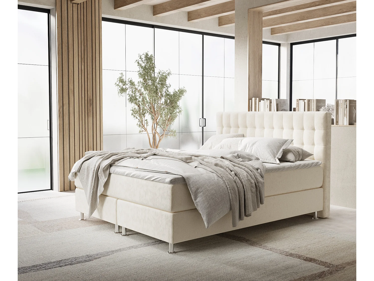 Łóżko boxspring w tkaninie welwetowej Sorrento - materac - topper - 180x200 cm - kremowy 4009267 - obrazek 1