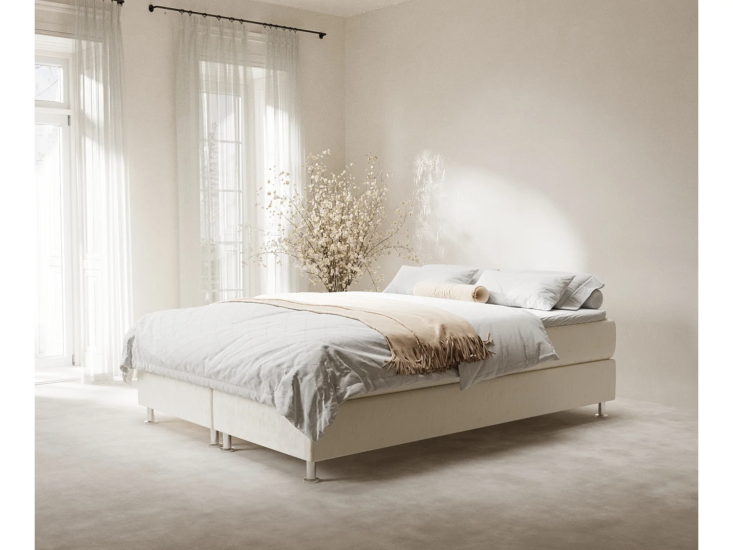 Łóżko boxspring w tkaninie welwetowej Sub - materac - topper - 200x200 cm - kremowy 4009320 - obrazek 1