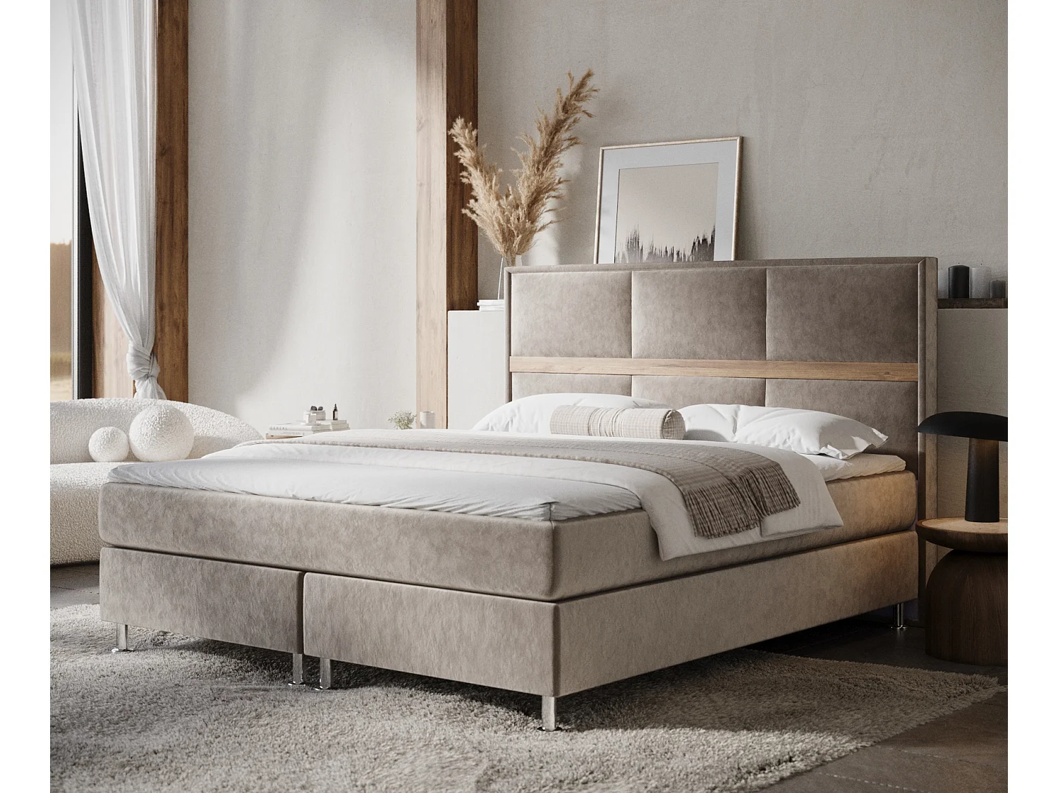 Łóżko boxspring w tkaninie welwetowej Soto - materac - topper - 160x200 cm - taupe 4009326 - obrazek 1