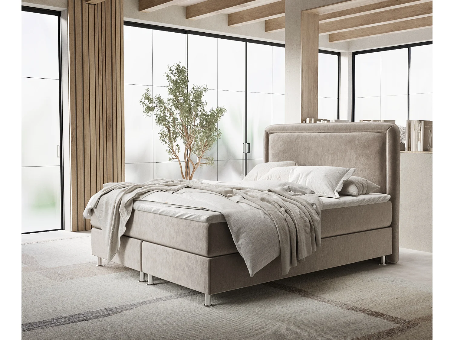 Łóżko boxspring w tkaninie welwetowej Salvi - materac - topper - 140x200 cm - taupe 4009329 - obrazek 1