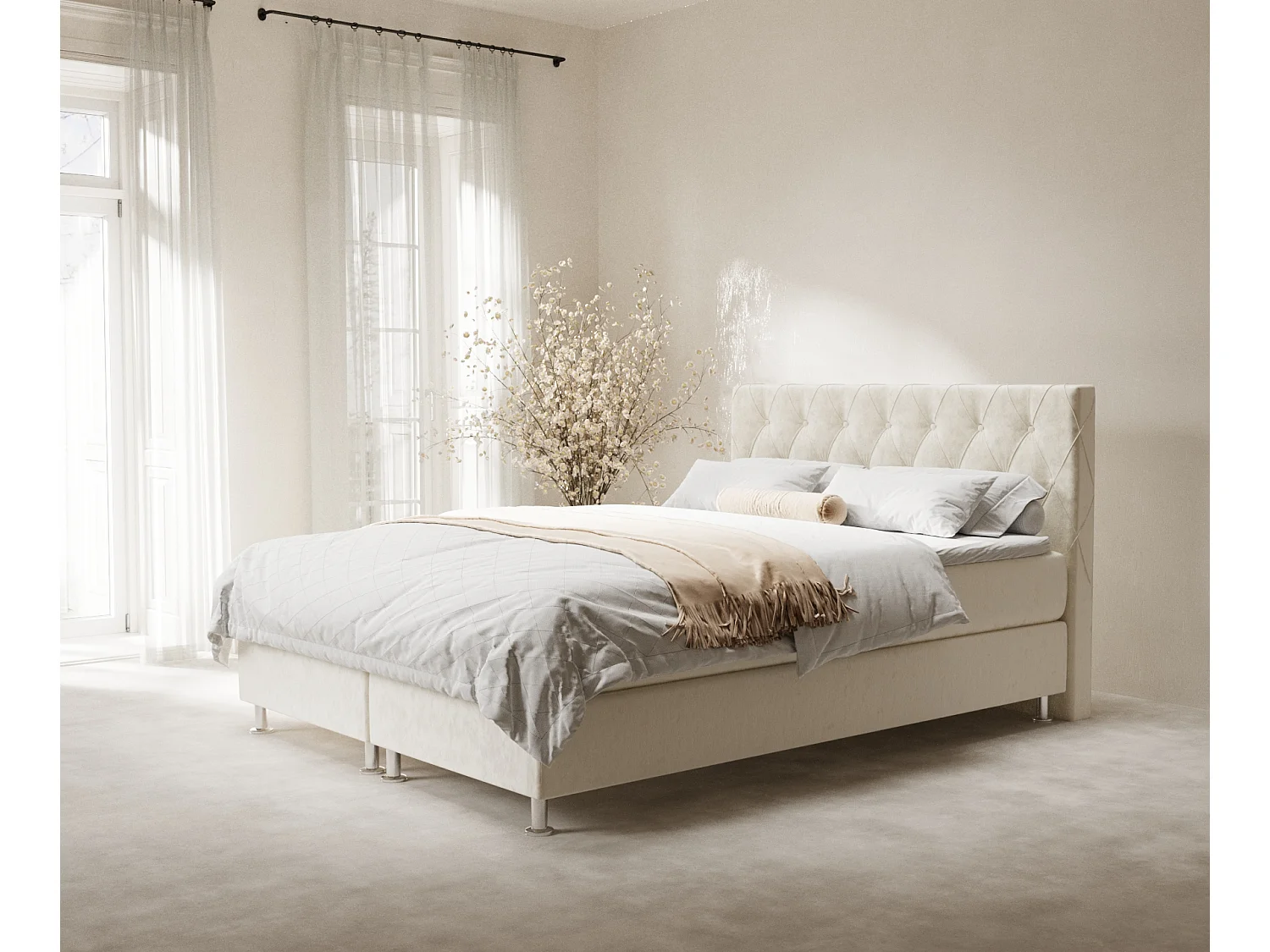 Łóżko boxspring w tkaninie welwetowej Otus - materac - topper - 180x200 cm - kremowy 4009334 - obrazek 1