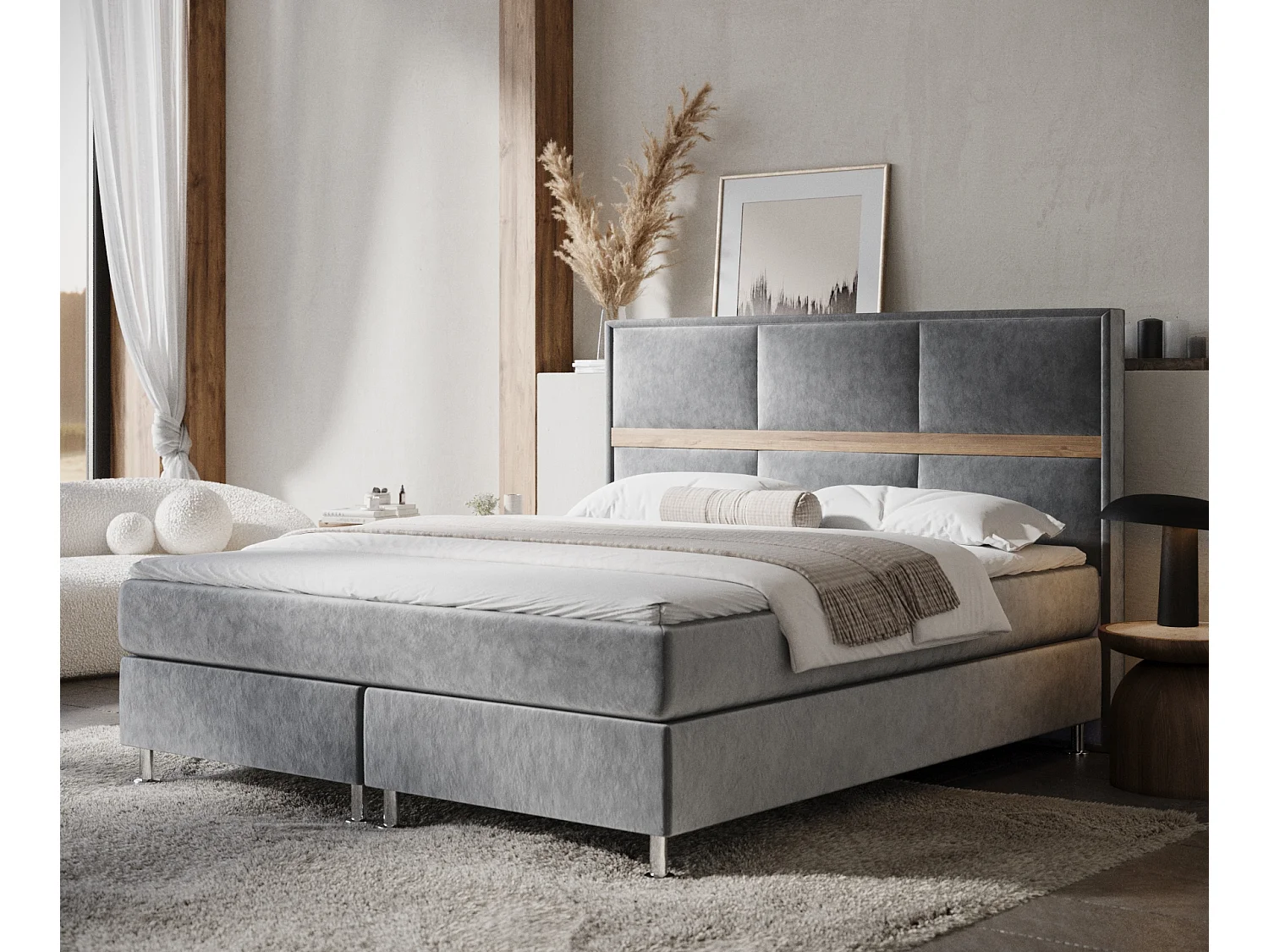 Łóżko boxspring w tkaninie welwetowej Soto - materac - topper - 140x200 cm - taupe 4009337 - obrazek 1