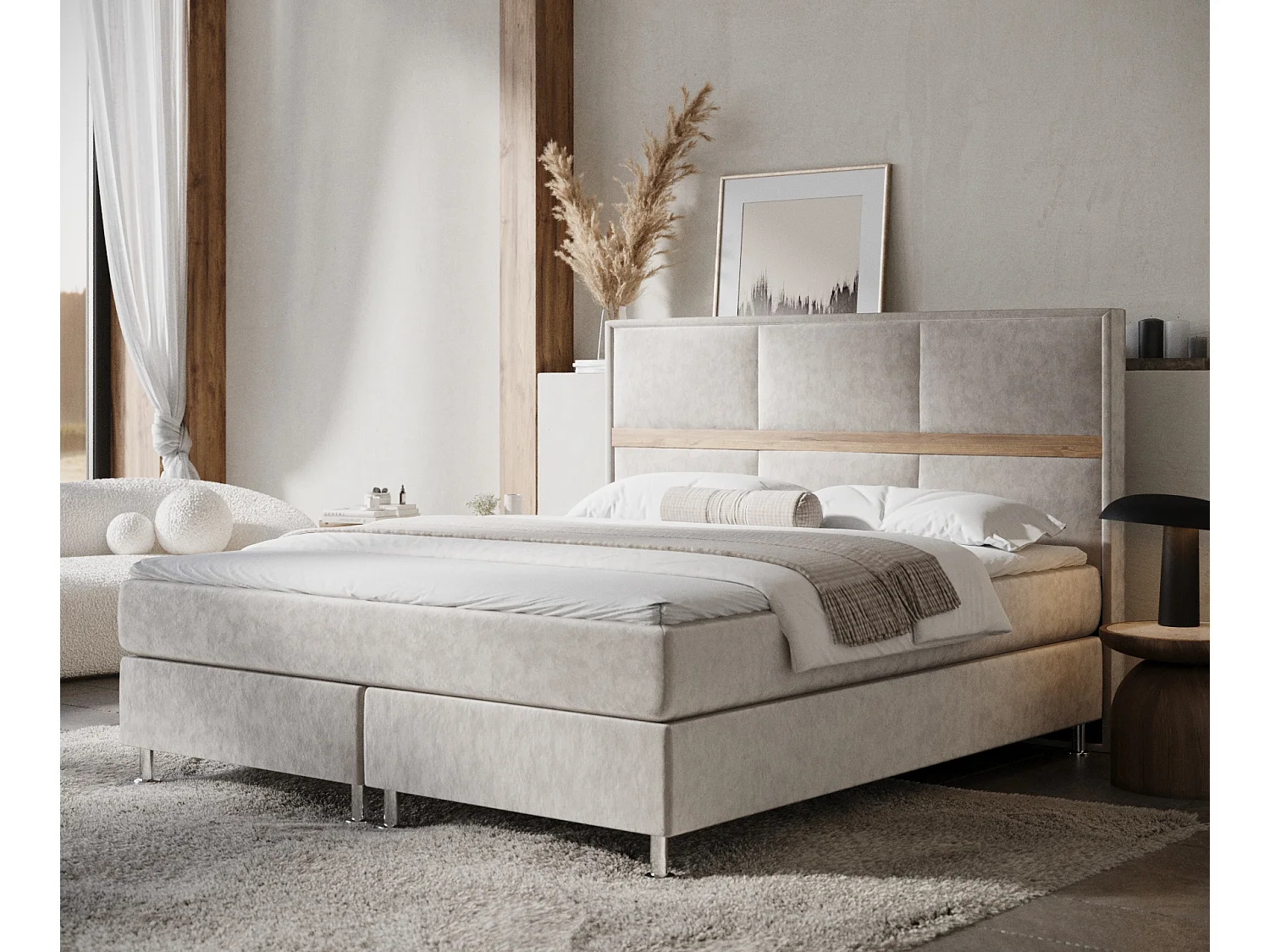 Łóżko boxspring w tkaninie welwetowej Soto - materac - topper - 180x200 cm - jasnobeżowy 4009342 - obrazek 1