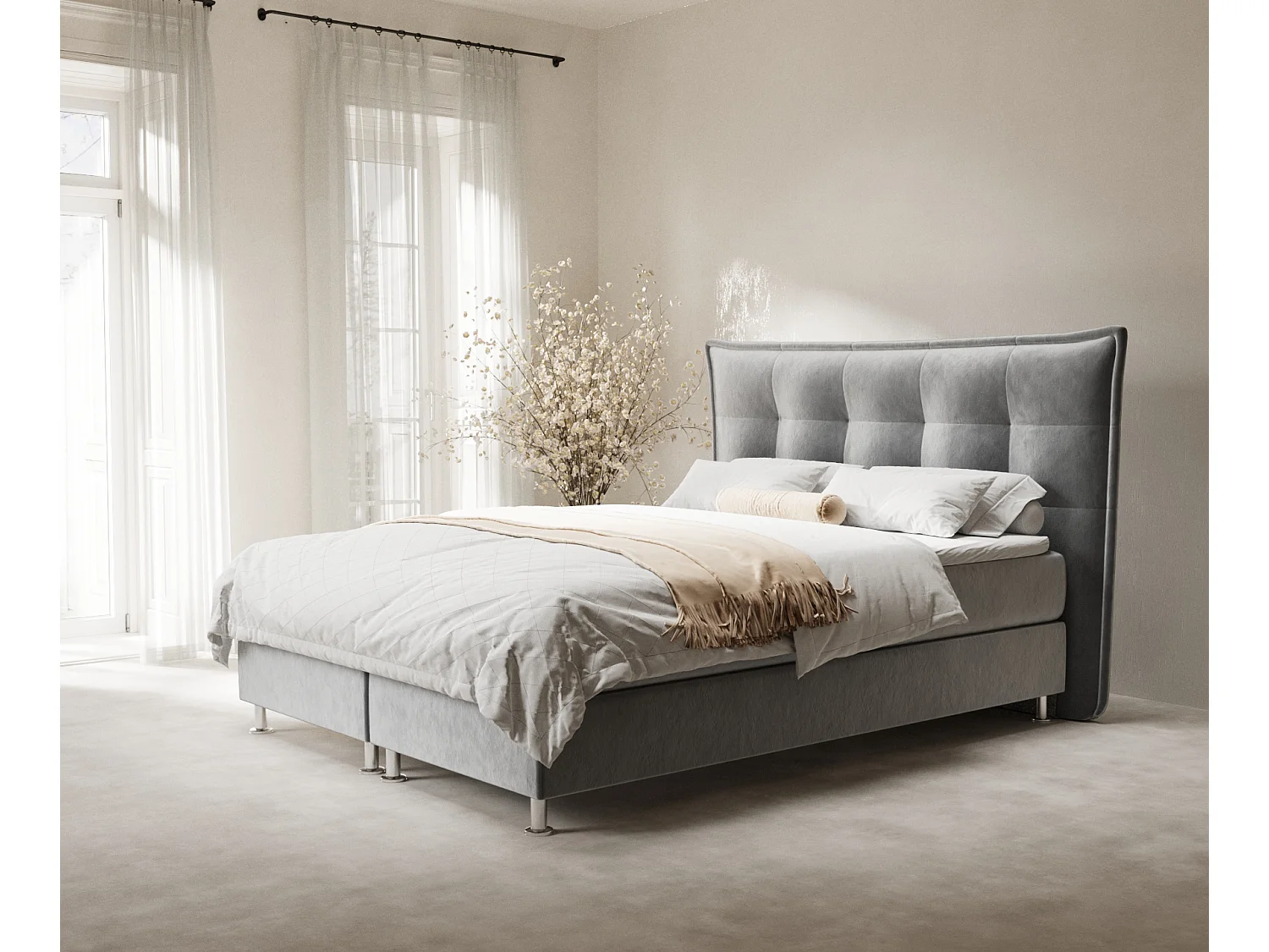 Łóżko boxspring w tkaninie welwetowej Minori - materac - topper - 200x200 cm - szary 4009351 - obrazek 1