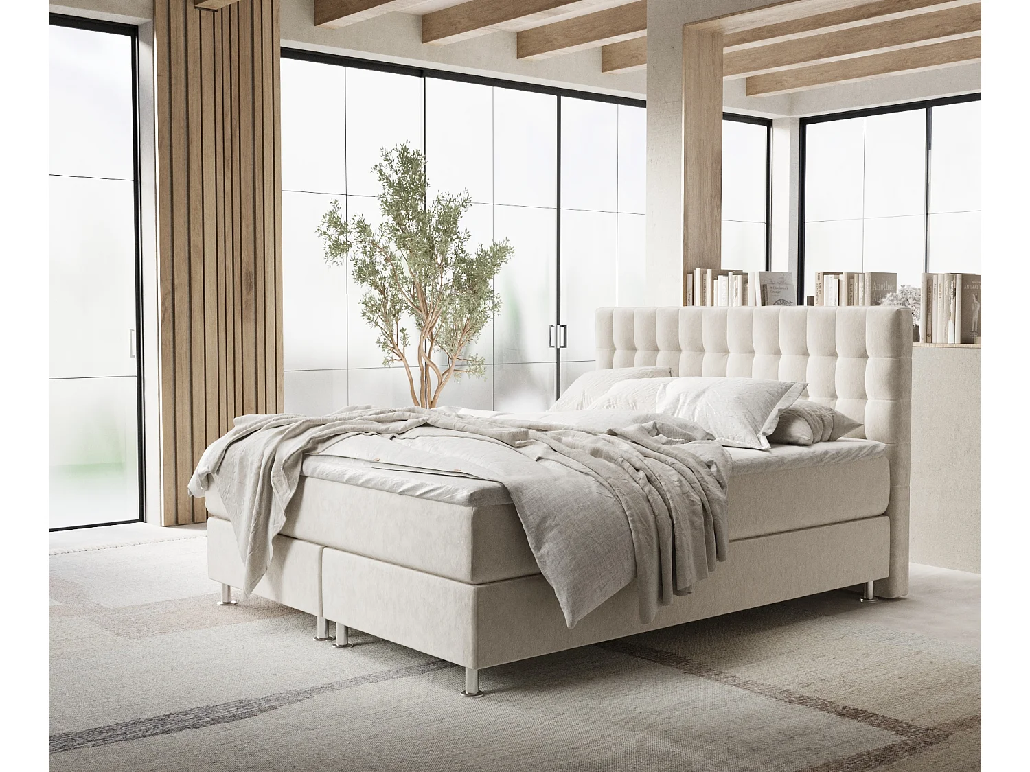 Łóżko boxspring w tkaninie welwetowej Sorrento - materac - topper - 180x200 cm - jasnobeżowy 4009355 - obrazek 1