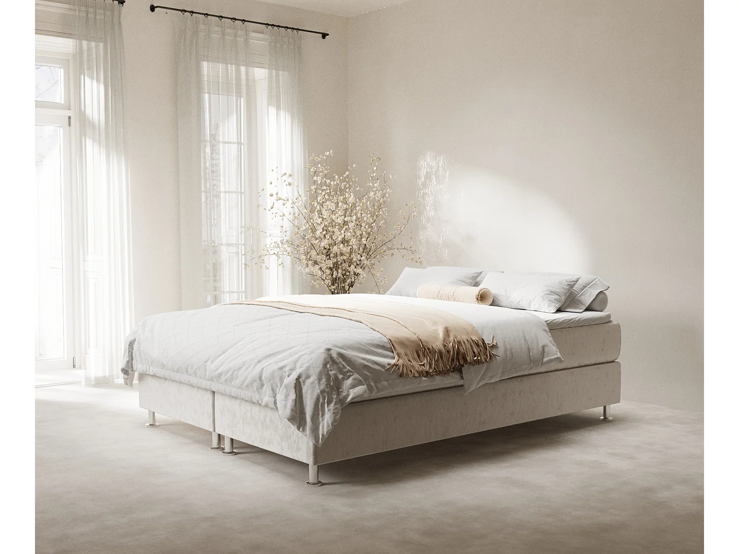 Łóżko boxspring w tkaninie welwetowej Sub - materac - topper - 160x200 cm - jasnobeżowy 4009362 - obrazek 1