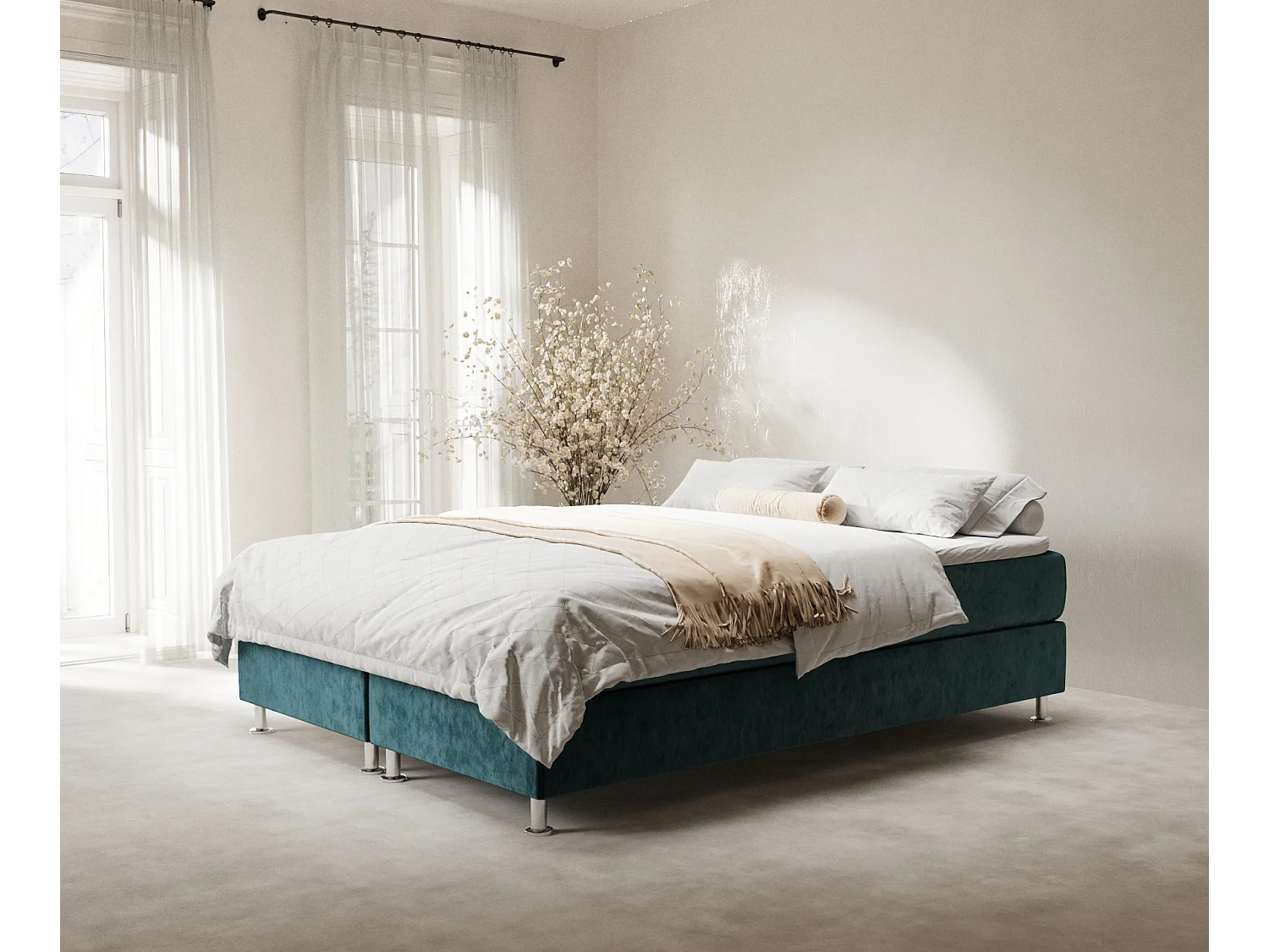 Łóżko boxspring w tkaninie welwetowej Sub - materac - topper - 180x200 cm - turkusowy 4009366 - obrazek 1