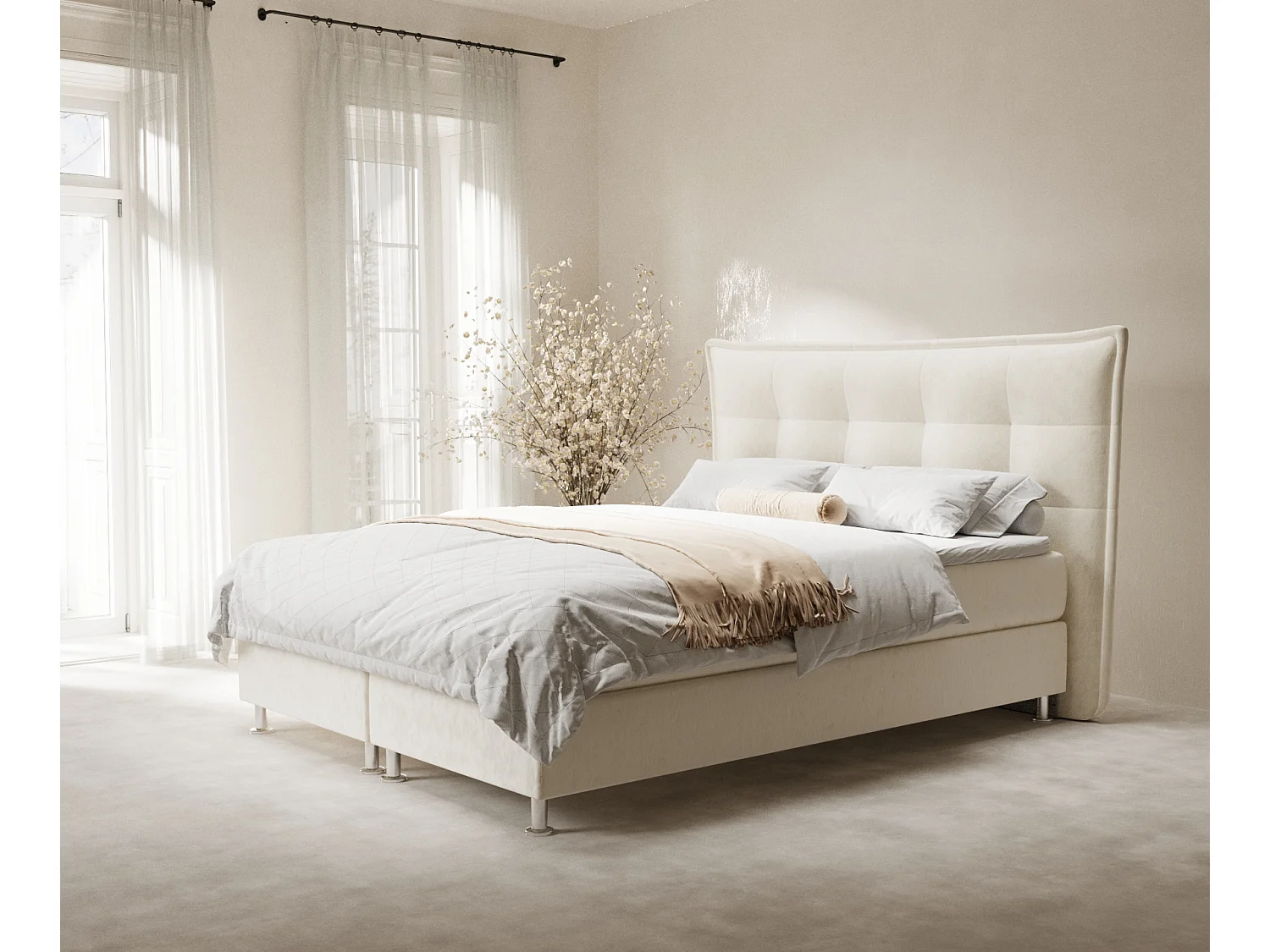 Łóżko boxspring w tkaninie welwetowej Minori - materac - topper - 180x200 cm - kremowy 4009373 - obrazek 1