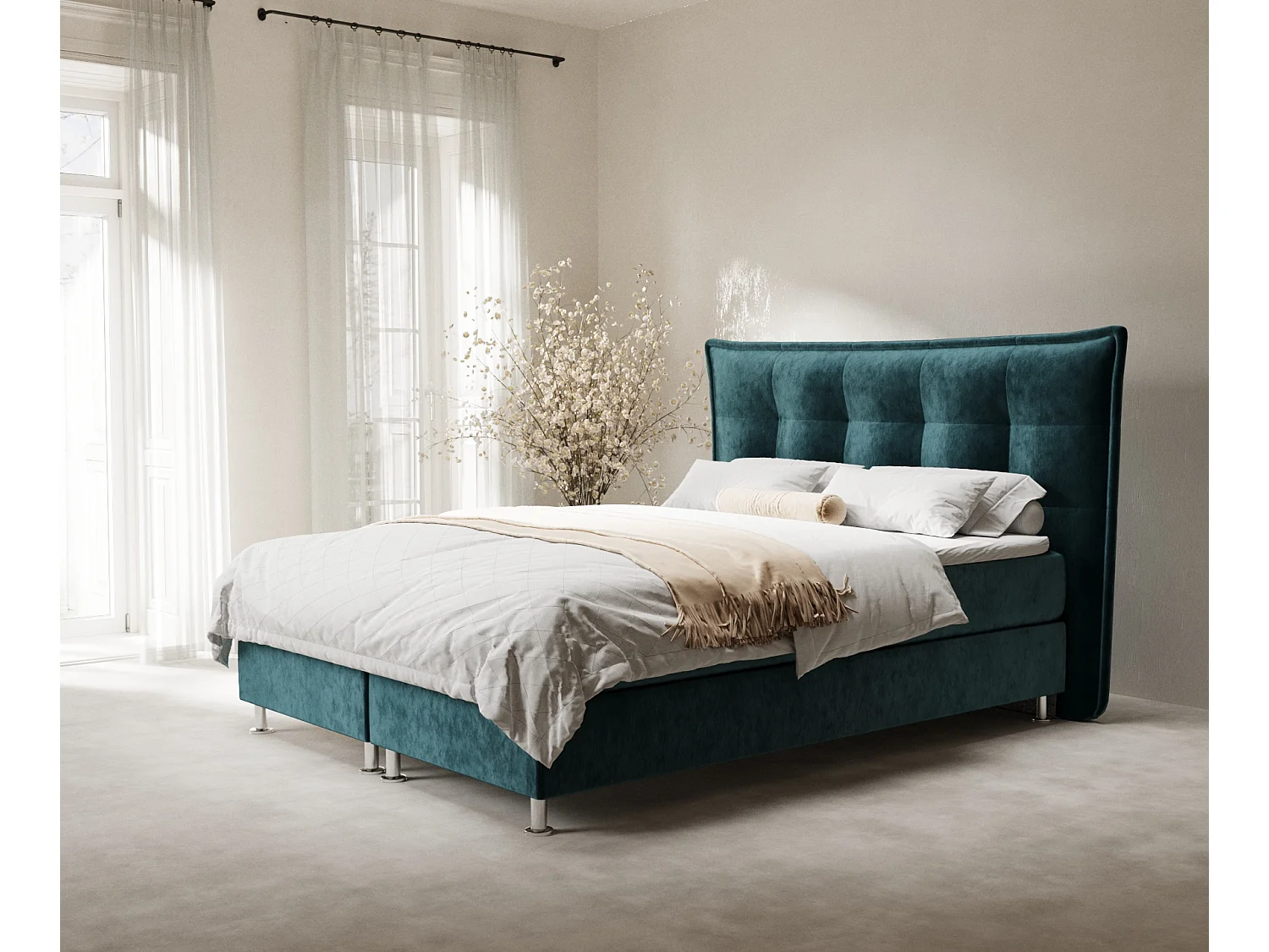 Łóżko boxspring w tkaninie welwetowej Minori - materac - topper - 180x200 cm - turkusowy 4009386 - obrazek 1