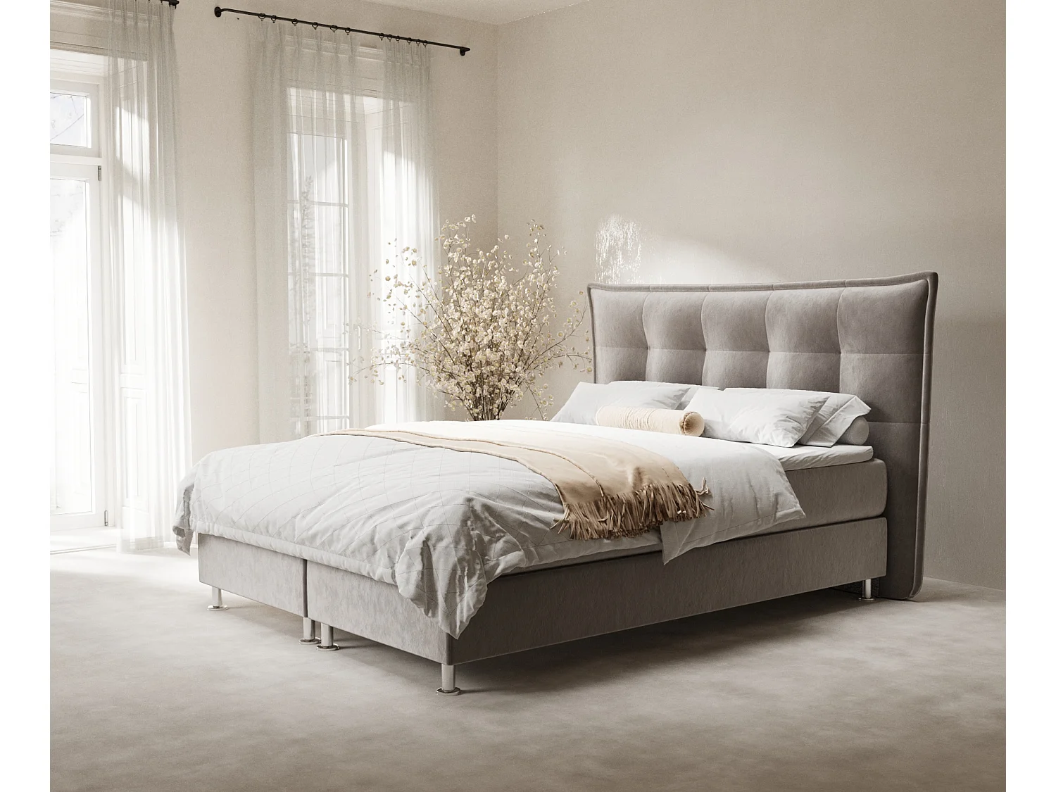 Łóżko boxspring w tkaninie welwetowej Minori - materac - topper - 140x200 cm - taupe 4009398 - obrazek 1