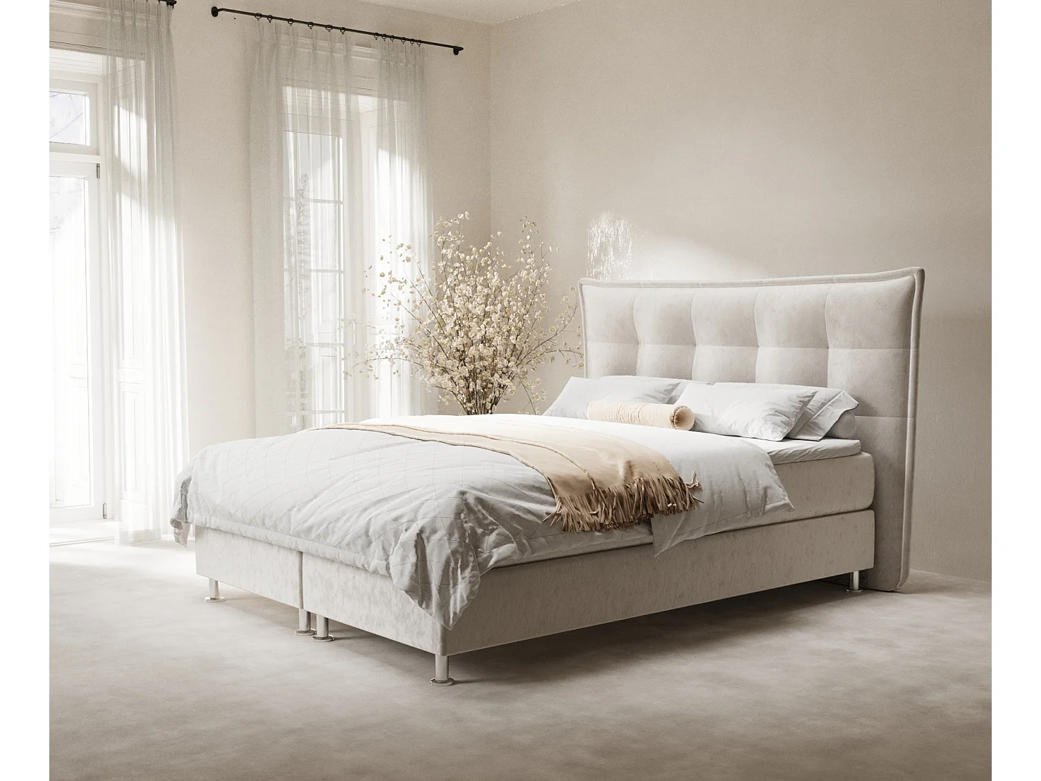 Łóżko boxspring w tkaninie welwetowej Minori - materac - topper - 200x200 cm - jasnobeżowy 4009410 - obrazek 1