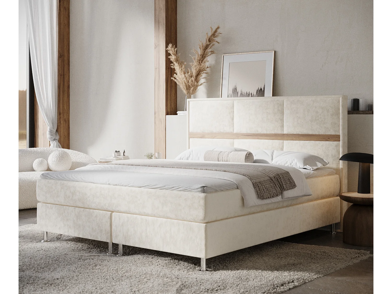 Łóżko boxspring w tkaninie welwetowej Soto - materac - topper - 180x200 cm - kremowy 4009408 - obrazek 1