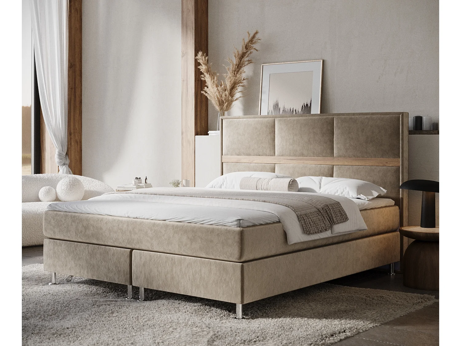Łóżko boxspring w tkaninie welwetowej Soto - materac - topper - 180x200 cm - beżowy 4009413 - obrazek 1