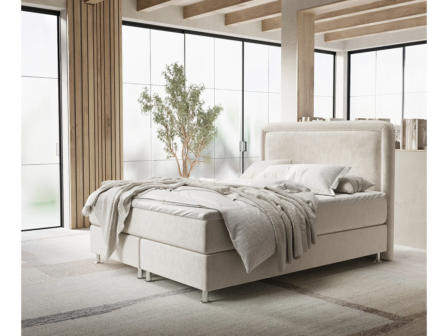 Łóżko boxspring w tkaninie welwetowej Salvi - materac - topper - 140x200 cm - jasnobeżowy 4009437 - obrazek 1