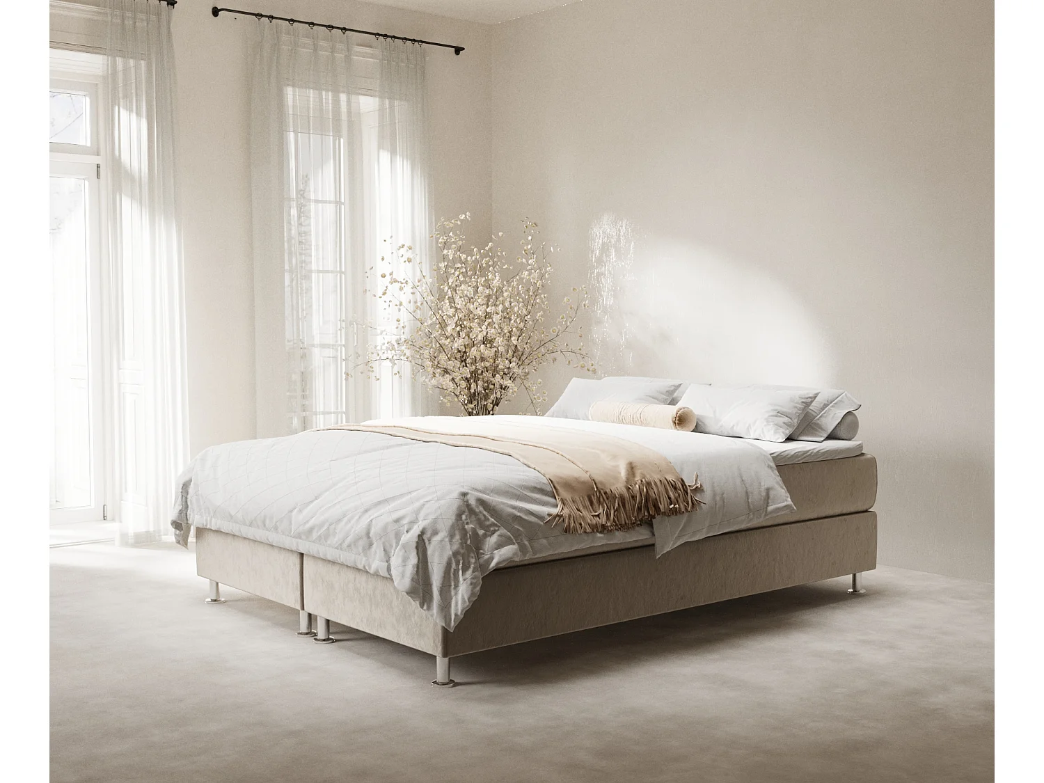 Łóżko boxspring w tkaninie welwetowej Sub - materac - topper - 200x200 cm - beżowy 4009444 - obrazek 1