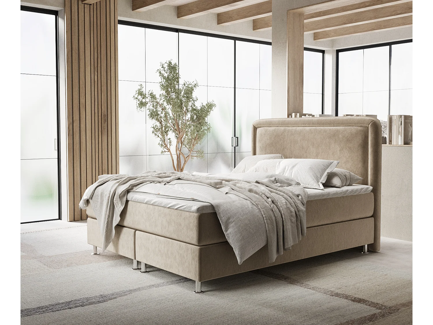 Łóżko boxspring w tkaninie welwetowej Salvi - materac - topper - 160x200 cm - beżowy 4009463 - obrazek 1