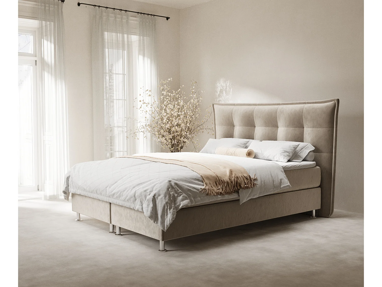 Łóżko boxspring w tkaninie welwetowej Minori - materac - topper - 200x200 cm - beżowy 4009473 - obrazek 1