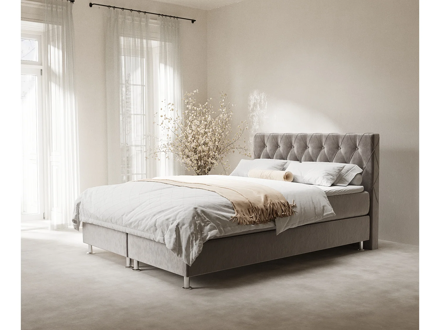 Łóżko boxspring w tkaninie welwetowej Otus - materac - topper - 140x200 cm - taupe 4009474 - obrazek 1