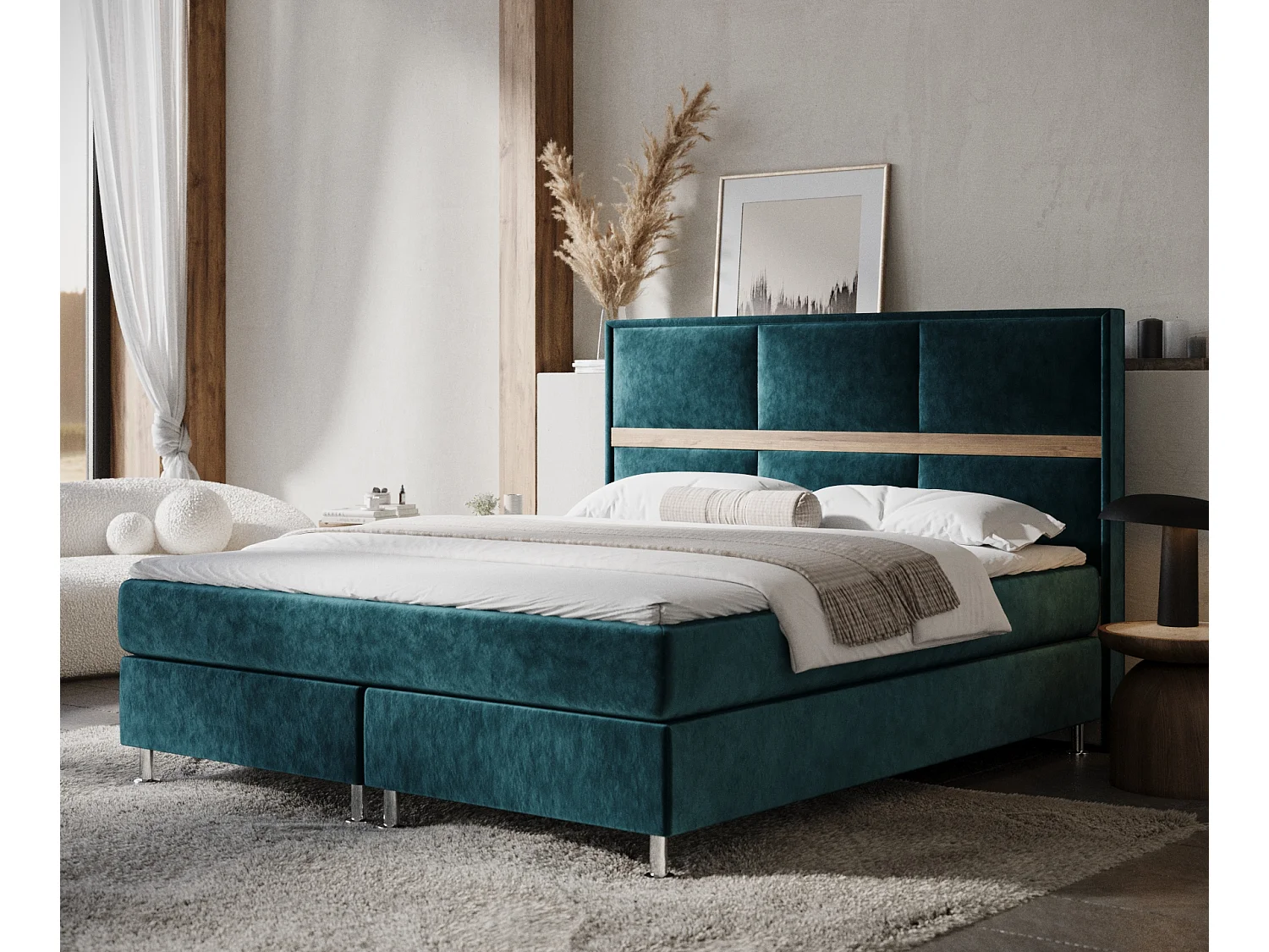 Łóżko boxspring w tkaninie welwetowej Soto - materac - topper - 180x200 cm - turkusowy 4009477 - obrazek 1