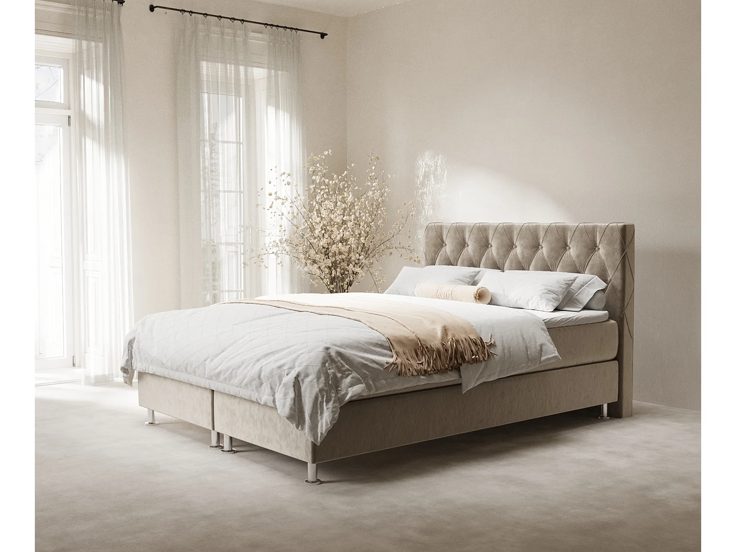Łóżko boxspring w tkaninie welwetowej Otus - materac - topper - 160x200 cm - beżowy 4009492 - obrazek 1