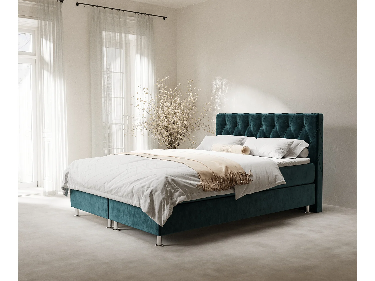 Łóżko boxspring w tkaninie welwetowej Otus - materac - topper - 140x200 cm - turkusowy 4009494 - obrazek 1